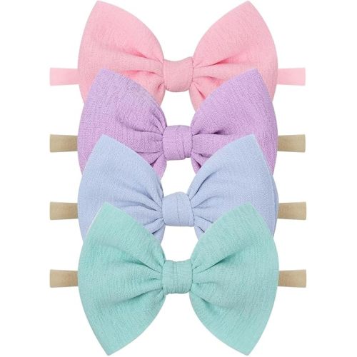 YanJie Baby Girls Nylon Headbands Newborn Bows Handmade Hair Bows Hairbands Hair Accessories for Newborn Infant Toddlers Kids (baby pink-aqua)