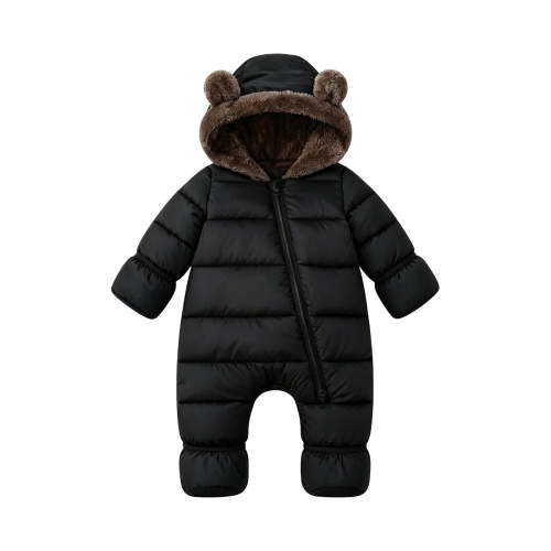 BLVB Newborn Snowsuit Babys Hooded Romper Jumpsuit Winter Warm Coats Padded Onesie for Infant Girls Boys(Black,12-18 Months)