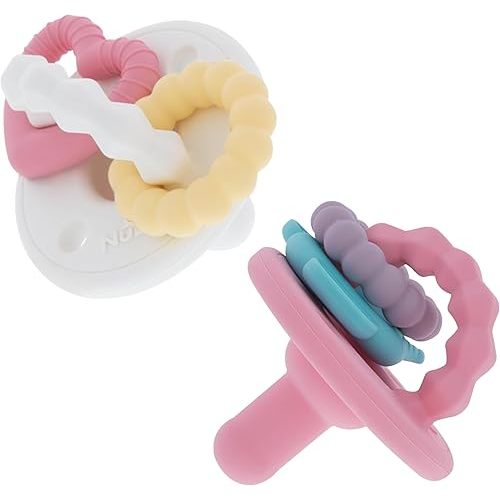 Nuby Charms Silicone Infant Pacifier and Teether Toy - 2 Pack - 0+ Months - White and Pink