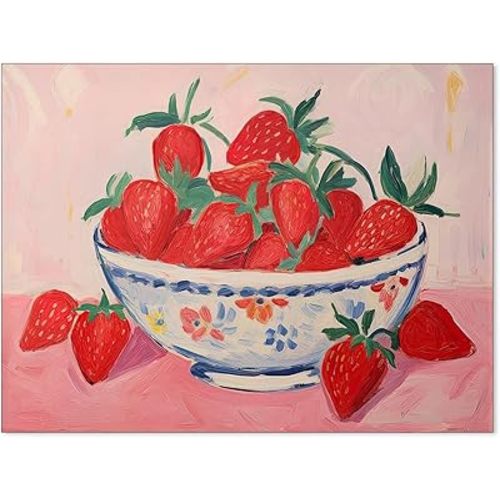 Heltrappe Vintage strawberry Funky Cute Fruit Posters Colorful Canvas Wall Art A Bowl Of Strawberries Oil Painting Prints for Kitchen Dining Room Wall Decor 12x16 inch Unframed