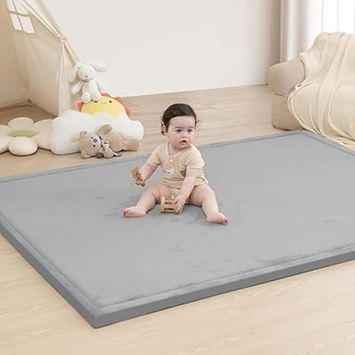 Baby Play Mat for Floor,1.3" Thick Memory foam Tummy Time Mat,Water Repellent Soft Velvet Nursery Rug,Extra Large Non Slip for Crawling,Toddlers,Infants,kids,Tatami Style for Living Room(Light Grey)