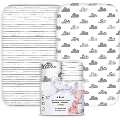 100% Organic Cotton 2 Pk Bedside Sleeper Bassinet Fitted Mattress Sheets Perfectly Compatible with Mika Micky, Baby Delight, Ronbei, Chicco, Cloud Baby, AMKE, Angelbliss, Arm's Reach. Cloud, Stripe