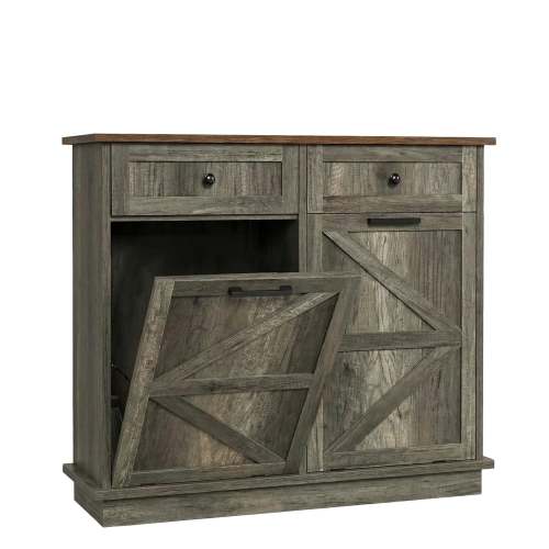 Tilt Out Trash Can Cabinet for Kitchen, Double 10-Gallon Hidden Trash Cabinet with Drawer, Farmhouse Wooden Garbage Cabinet