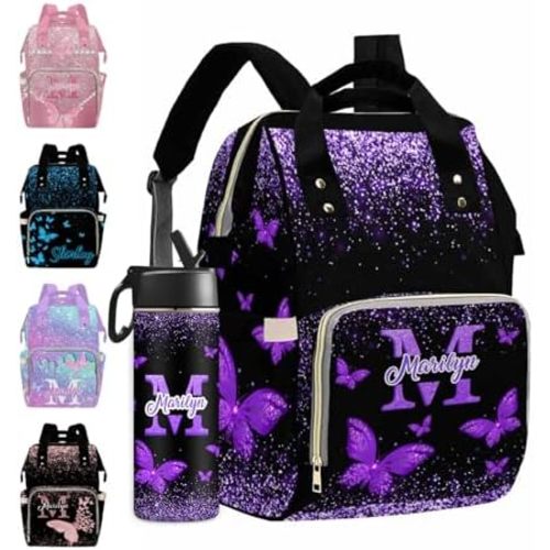 MyPupSocks Personalized Diaper Backpack Butterfly, Custom Sparkle Glitter Diaper Bag for Baby Boy Customized Nappy Bag Shoulder Bags Casual Daypack for Mom Baby Girls Boys Travel