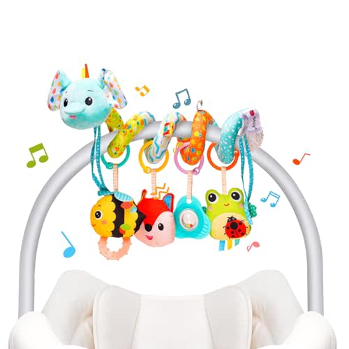 Koty Car Seat Toys, Cute Elephant Car Seat Toys for Babies 0-6 Months Boy, Stroller Toys with Crinkle, Teether, Music Box, Rattle, BB Squeaker for 0 3 6 9 12 Months Babies Infant Boys Girls Gifts