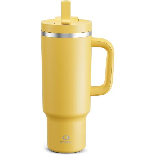 ENCOOL 40 oz Tumbler with Handle and Straw: Stainless Steel Insulated Tumbler Keeps Cold for 24 Hours, Leakproof Travel Cup Fits in Cup Holder and BPA-Free,Elfin Yellow