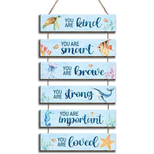 6 Pcs Ocean Decor Kids Room Placards of Wood Decor, Watercolor Ocean Inspirational Positive Quotes Works of art of Wood Wall Art Hanging Sign for Teens Children Bedroom Princess Toddler Room