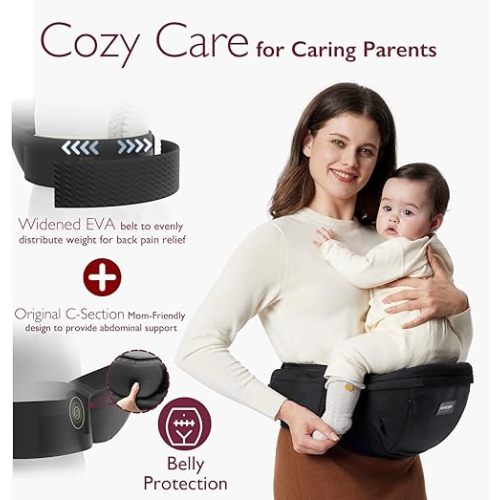 Momcozy Hip Seat Baby Carrier - Adjustable Waistband with Original 3D Belly Protector, Ergonomic Carrier with Various Pockets for Newborns & Toddlers up to 45lbs (Black, Medium)
