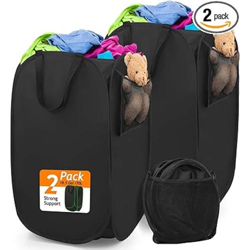 Upgraded Polyester Pop-up Laundry Hamper 2 Pack, 70L(18.5 Gal) Laundry Basket with Durable Handles Solid Bottom High Carbon Steel Frame and Side Pocket, Easy to Open Fold Flat for Storage