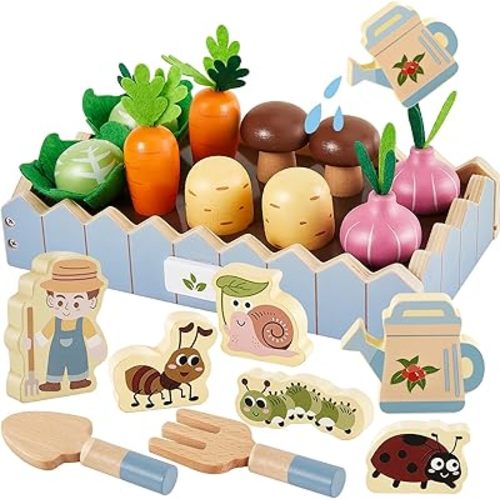HERSITY Wooden Play Food Set Vegetable Garden Toy Carrot Harvest Game, Pretend Play Plants Toys for Toddlers Girls Boys 3 4 5 Year Old Gifts Educational, Blue