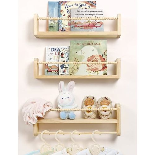 Maxpeuvon Nursery Shelves for Wall Set of 3, Natural Wood Floating Shelves | Kids Bookshelf with Towel Bar, Wall Mounted Organizer and Decor with Beads, for Kids Room, Bedroom and Kitchen
