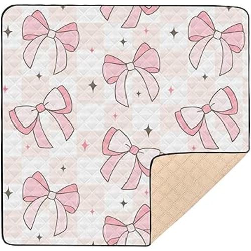 Baby Play Mat Pink Bows on Checkerboard 50 x 50 Playpen Mat for Floor Play Gym Crawling Non-Slip Cushioned Baby Playmat for Infants, Babies, Toddlers
