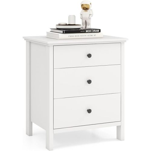 Giantex Nightstand with 3 Drawers, Wooden Side End Table with Solid Wood Legs, Retro 3-Drawer Bedside Table Night Stand for Bedroom Home Office Small Space, Easy Assembly, White