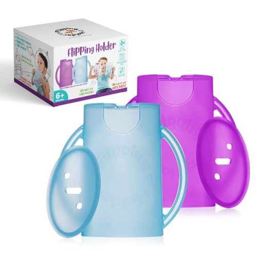 Flipping Holder Squeeze Proof Food Pouch Holder for Toddlers, Babies, Kids, Mess Free No Squeeze Juice Box Drink and Applesauce Snack Holder with Easy Grip Handles and Lid