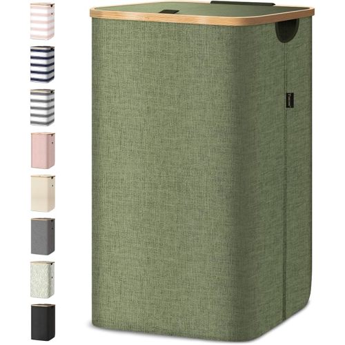 BALEINE Laundry Hamper with Lid, Tall Laundry Baskets with Bamboo Pull Handles, Large Laundry Bin with Internal Support (26 Gal/100L, Green)