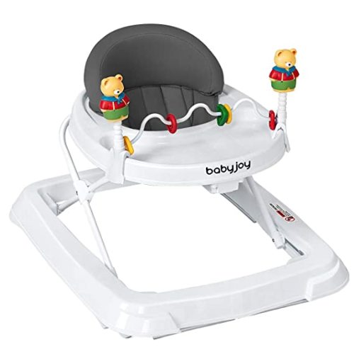 BABY JOY Baby Walker, Foldable Activity Walker with Adjustable Height, Large Tray & Removable Toys, Baby Walker with Wheels for Boys Girls 6-18 Months (Gray)