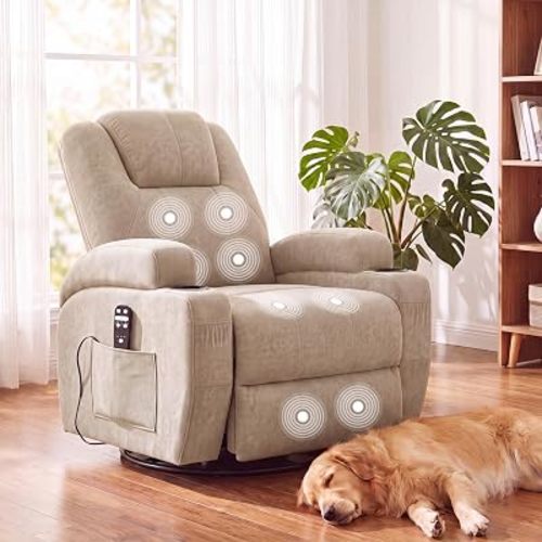 Recliner Chair, 360° Swivel Rocker Chair for Adults, Rocking Recliner Chair with Massage, Comfy Single Sofa with Side Pockets Cup Holders for Living Room, Bedroom, Nursery (Fabric, Khaki)