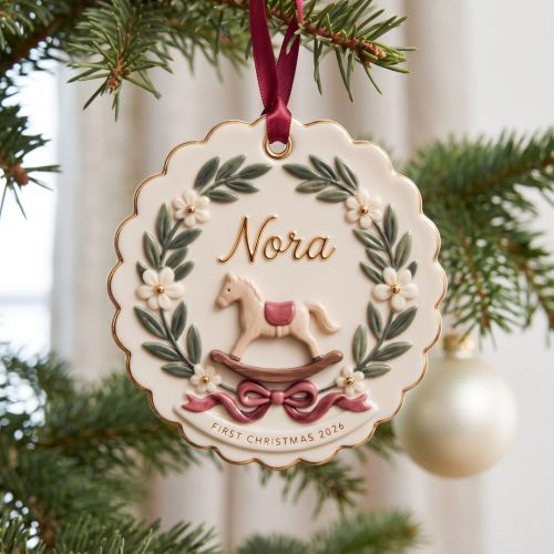 Custom Name First Christmas Ornament - Rocking Horse Baby Keepsake Gift for New Born, New Mom