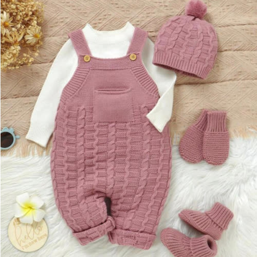 SHEIN Vintaside Kids 4Pcs/Set Baby Girl Casual Solid Sweater Romper With Suspender Pants, Hat, Gloves And Shoes, For Autumn/Winter | SHEIN USA