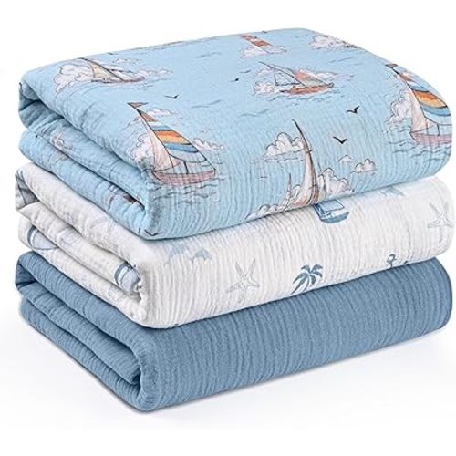 Muslin Swaddle Blankets for Newborn, 3 Pack Breathable Soft Receiving Blanket, Large 38 x 40 inches Swaddle Wrap Burping Clothes, Essentials Infant Shower Items, Toddler Gift (Blue Sea)