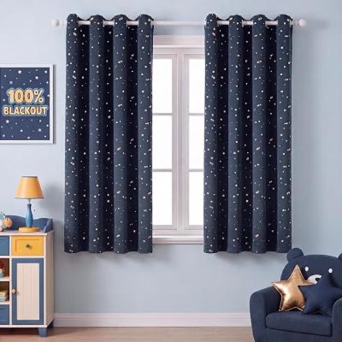 H.VERSAILTEX Blackout Star Curtains for Kids Room Boys Girls Twinkle Stars Thermal Insulated Cute Thick Soft Curtain Drapes, Grommet Top, 1 Panel, 52" W x 63" L, Navy/Bronze