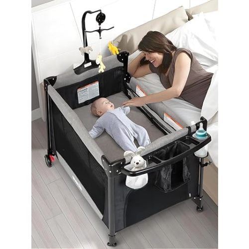 Baby Bassinet, Pack and Play with Bassinet, Bedside Sleeper with Diaper Changer, Mosquito Net, Music Box, Portable Crib with One-Click Installation, Playard for Newborn to Toddlers