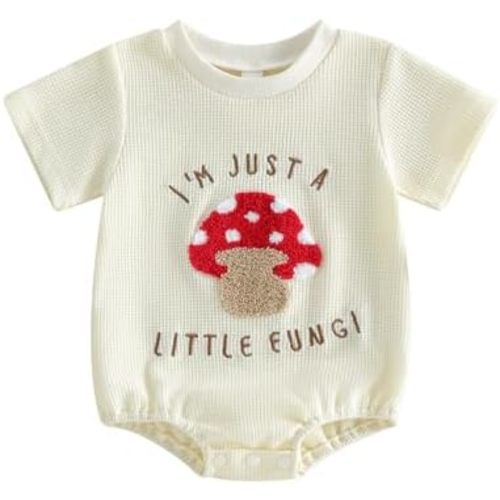 Newborn Girl Boy Mushroom Romper Shirts Infant Baby Summer Clothes Letter Embroidery Short Sleeve Bodysuit Tops