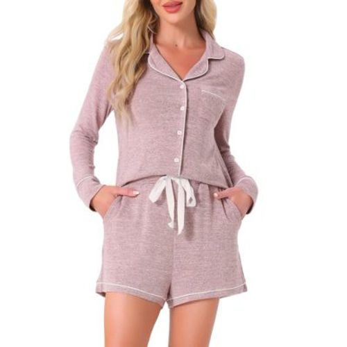 INSPIRE CHIC Women's Loungewear Button Up Drawstring Contrast Edging Notch Collar Long Sleeve Shorts Lounge Set with Pockets