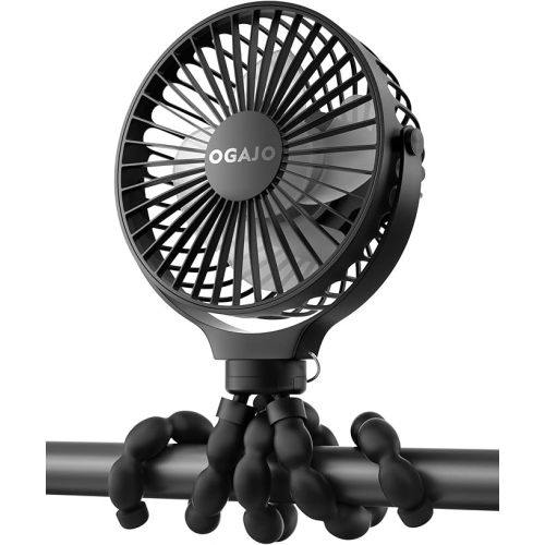 Portable Stroller Fan Rechargeable USB Personal Clip On Fans, 360° Rotate 3 Speeds Detachable Flexible Tripod Small Mini Handheld Desk Fan Black