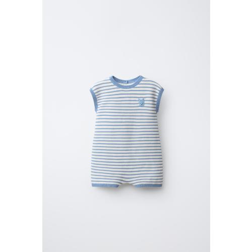 STRIPED KNIT SHORT JUMPSUIT WITH BUNNY PATCH - Ecru / Blue | ZARA United States