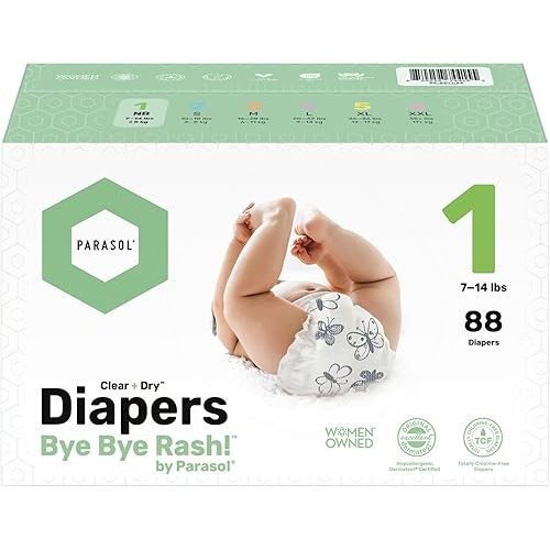 PARASOL Clear+Dry Disposable Diapers | RashShield Protection, Leakproof Design, Hypoallergenic | Size 1, (7-14 lbs) Box of 88 Count