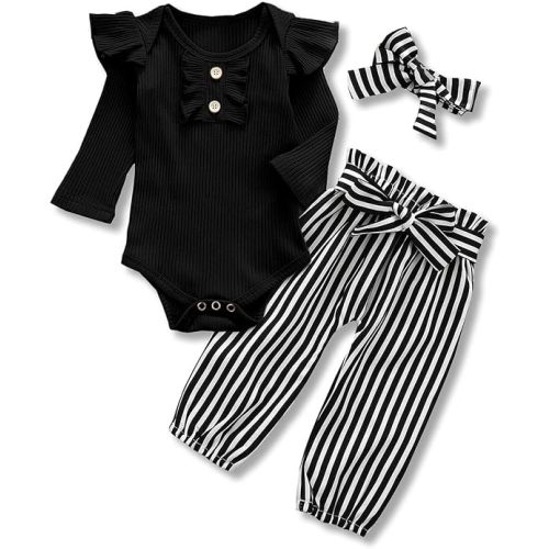 Newborn Baby Girls Clothes Ribbed Ruffled Romper+Floral Pants+Headband Infant Outfit Set