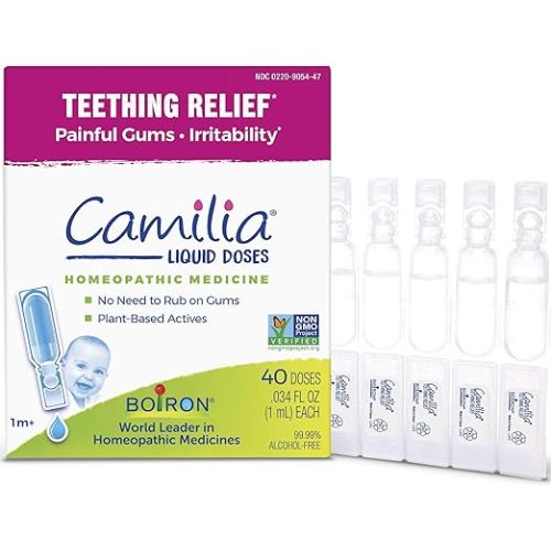 Boiron Camilia Teething Drops for Daytime and Nighttime Relief of Painful or Swollen Gums and Irritability in Babies - 40 Liquid Droppers Bundled in 8 separate packs of 5
