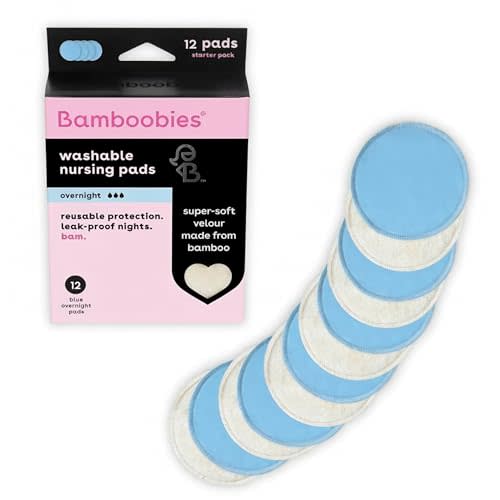 Bamboobies Soft Reusable Overnight Nursing Pads for Breastfeeding, 12 Count | Thicker overnight core absorbs heavy leaks while you sleep, in ultra soft velour. Washable and reusable day or night.