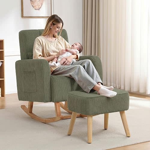HCHAIRH Rocking Chair with Ottoman, Corduroy Glider Rocker with High Backrest and Side Pocket, Comfy Reading Chair with Solid Wood Legs for Nursery, Living Room,Bedroom Olive Green