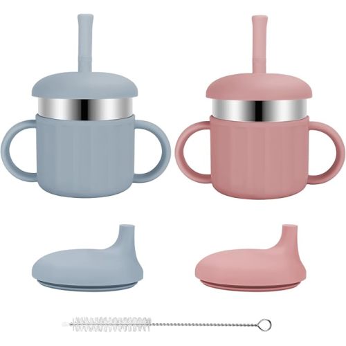 Baby Sippy Cups, 7.4 Oz 3 Stages Training Straw Cups for Infants Toddlers 6-12 Month and Kids 1-3 Year, Stainless Steel Kid Cups with Silicone Straws (Coral + Blue)