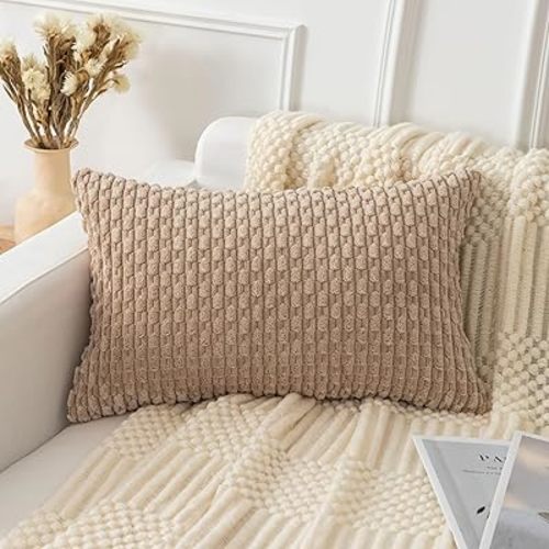 UGASA Soft Corduroy Decorative Pillow Cover 12x20 Inch Boho Striped Oblong Throw Pillow Cover Modern Home Decor for Sofa Living Room Couch Bed Tan, 1 Piece