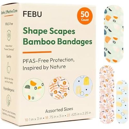 FEBU Shape Scapes Print Bamboo Fabric Bandages, 50 Count Strips
