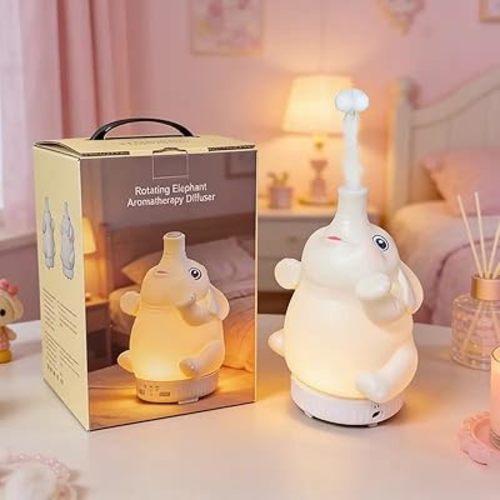 Morbou Rotating Elephant Diffuser with Color Gradient Light, Ultrasonic Silent Essential Oil Diffuser for Home Bedroom and Office, Cute Decorative Humidifier with Remote Control
