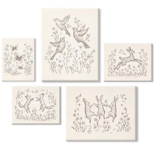 Nursery Woodland Animal Wall Art Baby Boy Canvas Wall Decor Vintage Forest Animal Art Prints Kids Room Poster Cottagecore Deer Fox Pictures Painting Neutral Artwork Bedroom 8x10x5 Inch Ready to Hang