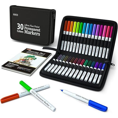 Shuttle Art Permanent Markers, 30 Assorted Colors Ultra Fine Point Permanent Marker Packed in Travel Case, Ideal Colored Markers Set for Adults Coloring Doodling on Plastic, Glass, Gift for Teens
