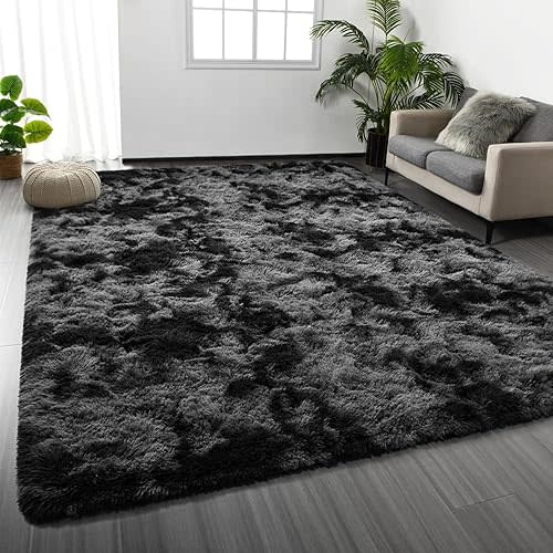Shag Area Rug, 4 X 6 Tie-Dyed Plush Fuzzy Rugs for Living Room, Ultra Soft Fluffy Furry Rug for Bedroom, Indoor Carpet Nursery Rugs for Kids Room Home Decor, Dark Grey