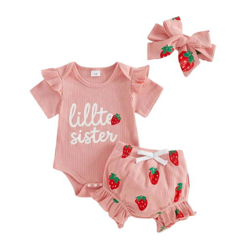 Zaveiop Newborn Baby Girl Clothes Infant Summer Outfits Little Sister Ruffle Romper Strawberry Shorts Headband Set 0-18 Months (0-3 Months, Pink)