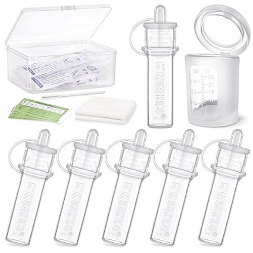 haakaa Silicone Colostrum Collector (0.2oz./6ml,6pcs) & Lidded Cup (0.75oz./25ml) Pack - Collect, Store & Feed Colostrum Ready-to-Use Pack, Reusable Colostrum Syringes Set for Liquid Gold
