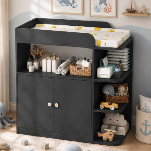 Linor Baby Changing Table Dresser with Large Cabinet, 4 Open Shelves, Anti-tip, and Storage Shelves, Sturdy, Easy-clean, Black