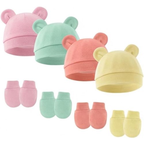 Newborn Baby Hats and Mittens Set with Bear Ears,4 Pack High Elasticity No Scratch,Infant Beanie for 0-6 Months Boys Girls