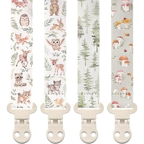 Stadela Baby Fabric Pacifier Clip Holder, Plastic Clip, 4‑Pack, Woodland Pattern, Cedar Set