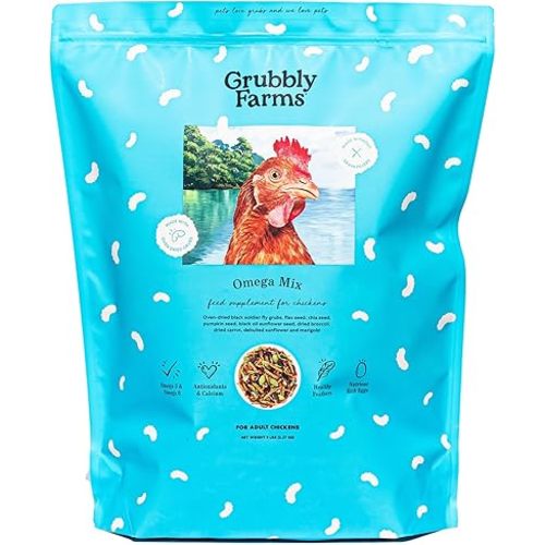 Grubbly Farms Omega Mix Chicken Treats for Laying Hens - Superfood and Omega-Rich Chicken Feed Supplement to Support Egg Production, Strong Eggshells and Nutritious Yolks - 5LB