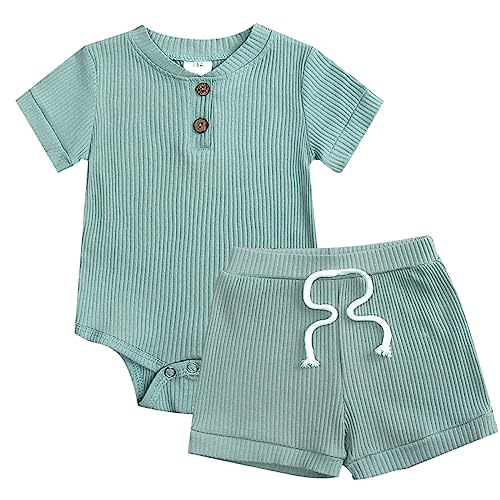 Boys Girls Set Summer Round Neck Tops Toddler Baby Solid Color Short Sleeve Romper Elasticized Shorts 2 Pcs Outfits