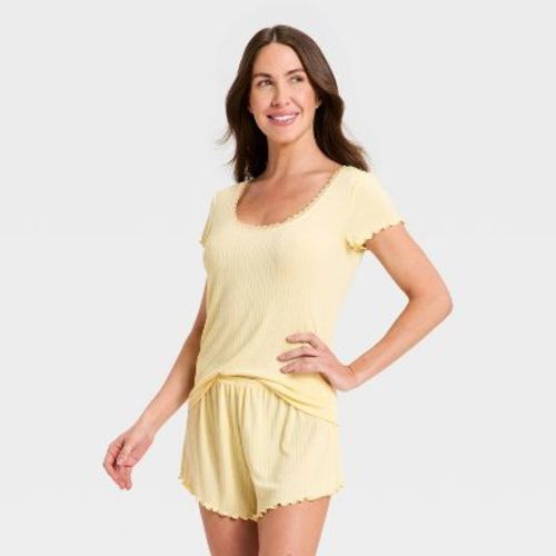 Women's Pointelle Short Sleeve Shirt and Shorts Pajama Set - Auden™ Yellow L